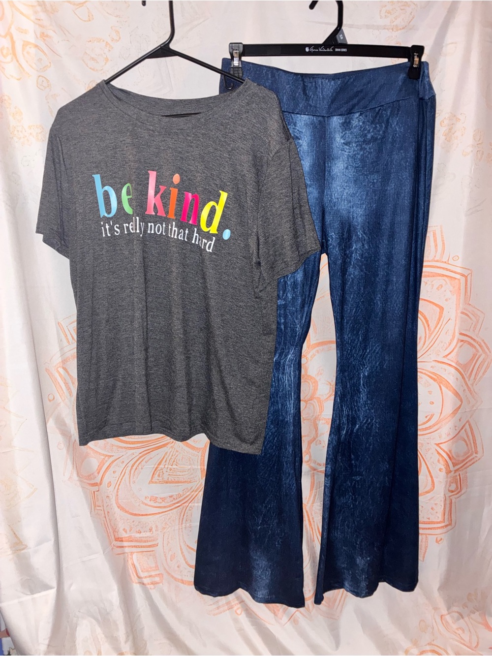 Ladies Bundle of Navy/Denim Look-a-Like Flare Pants & Grey “Be Kind” Tee